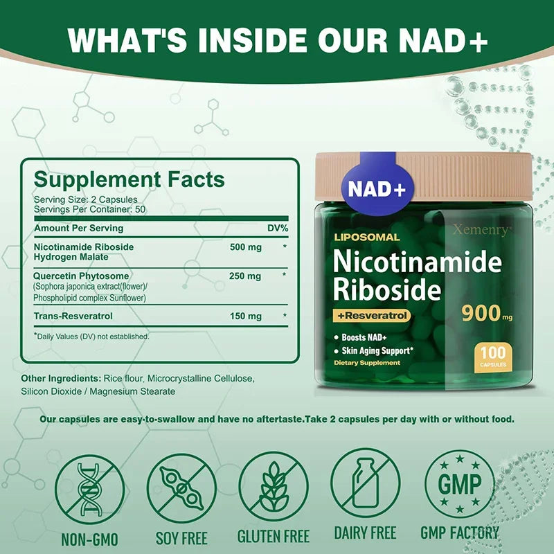 NAD+ Supplement Capsules - Liposomal Nicotinamide Riboside Capsules 900mg with Resveratrol & Quercetin - for Anti-Aging, Energy