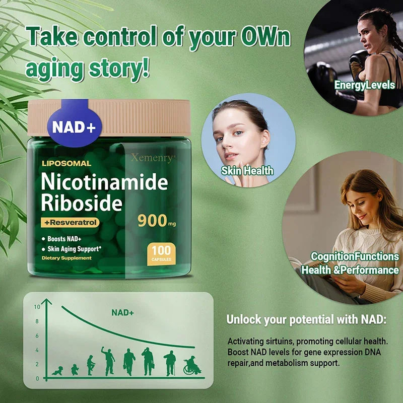 NAD+ Supplement Capsules - Liposomal Nicotinamide Riboside Capsules 900mg with Resveratrol & Quercetin - for Anti-Aging, Energy